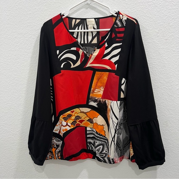 Chico's Red Orange Black Geometric Zebra Patchwork Pullover Blouse Top L Art - Picture 1 of 6